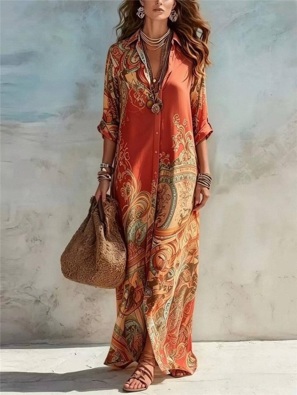 Full Size Printed Button Down Roll-Up Sleeve Shirt Maxi Dress Plus Size